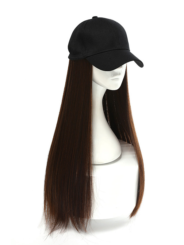 Parrucche Sintetiche Lunghe Dritte Marroni Da 26 Pollici Con Cappello Da Baseball Nero