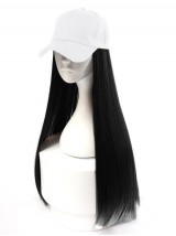 Parrucche Sintetiche Lunghe Dritte Nere Da 26 Pollici Con Cappello Da Baseball Bianco