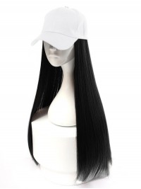 Parrucche Sintetiche Lunghe Dritte Nere Da 26 Pollici Con Cappello Da Baseball Bianco