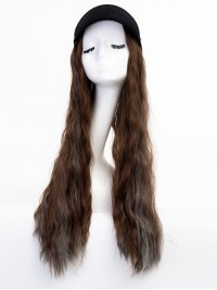 Parrucche Sintetiche Nere Lunghe E Ricci 26 Pollici Con Cappello Da Baseball Nero