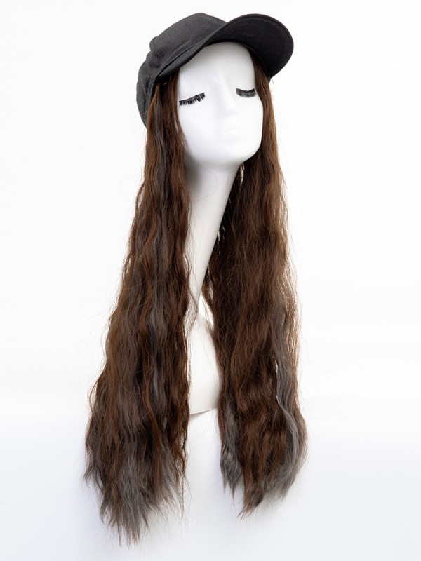 Parrucche Sintetiche Nere Lunghe E Ricci 26 Pollici Con Cappello Da Baseball Nero