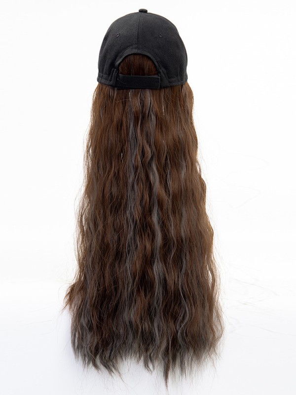 Parrucche Sintetiche Nere Lunghe E Ricci 26 Pollici Con Cappello Da Baseball Nero