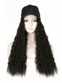 Parrucche Sintetiche Nere Lunghe E Ricci 26 Pollici Con Cappello Da Baseball Nero