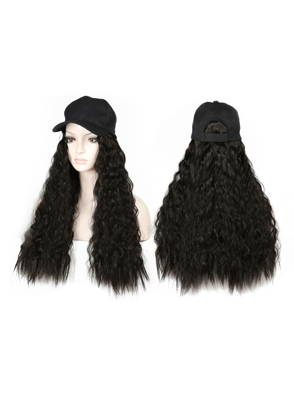 Parrucche Sintetiche Nere Lunghe E Ricci 26 Pollici Con Cappello Da Baseball Nero