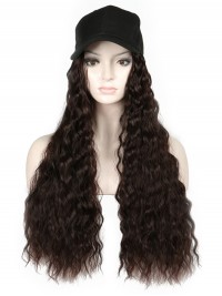 Parrucche Sintetiche Ricci Marroni Lunghi 26 Pollici Con Cappello Da Baseball Nero