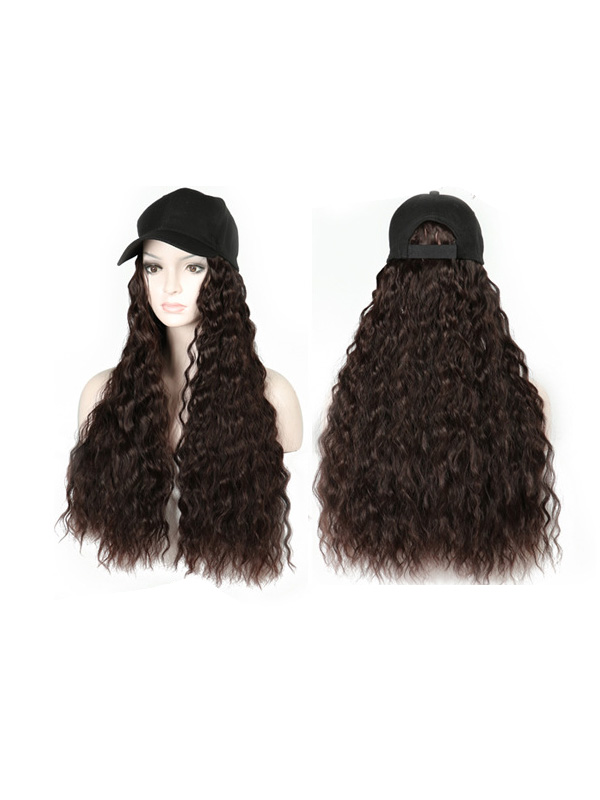Parrucche Sintetiche Ricci Marroni Lunghi 26 Pollici Con Cappello Da Baseball Nero