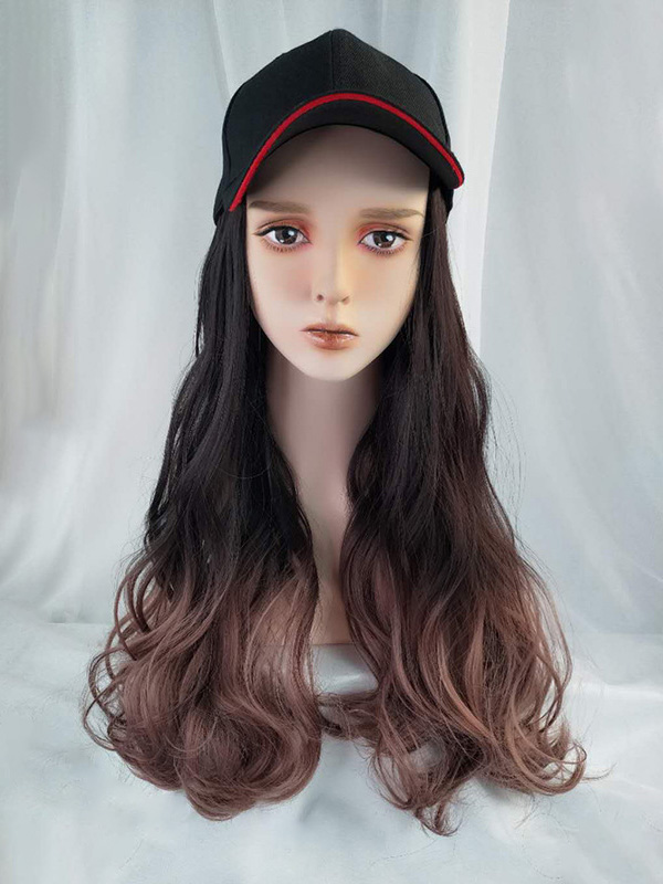 Parrucche Sintetiche Ondulate Lunghe Ombre 26 Pollici Con Cappello Da Baseball Nero