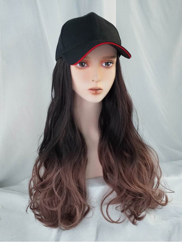 Parrucche Sintetiche Ondulate Lunghe Ombre 26 Pollici Con Cappello Da Baseball Nero