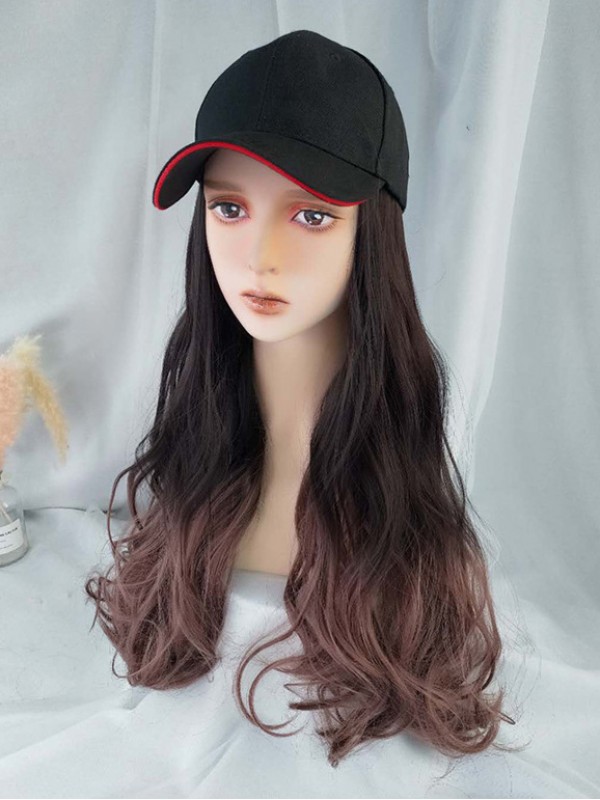 Parrucche Sintetiche Ondulate Lunghe Ombre 26 Pollici Con Cappello Da Baseball Nero