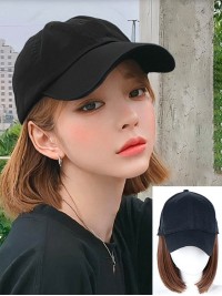 Parrucche Sintetiche Stile Bob Corto 12 Pollici Con Cappello Da Baseball Nero