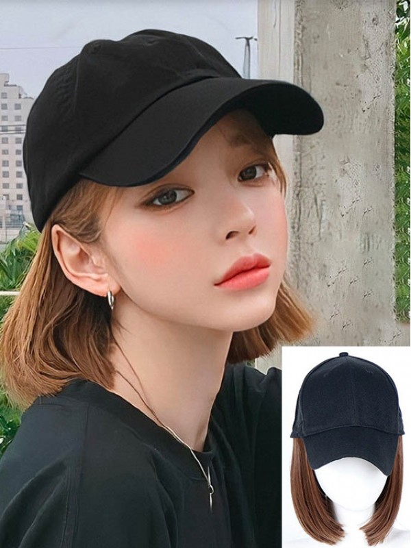 Parrucche Sintetiche Stile Bob Corto 12 Pollici Con Cappello Da Baseball Nero