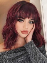 Parrucca Ondulata Bobs Parrucche Di Capelli Umani Rosso Vino Da 14 Pollici