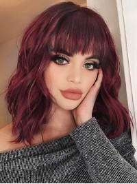 Parrucca Ondulata Bobs Parrucche Di Capelli Umani Rosso Vino Da 14 Pollici
