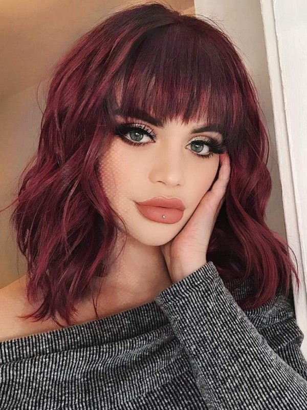 Parrucca Ondulata Bobs Parrucche Di Capelli Umani Rosso Vino Da 14 Pollici
