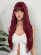 Parrucca Per Cosplay Di Feste Quotidiane Con Parrucche Di Capelli Umani Rosso Vino Lungo Dritto Con Frangia