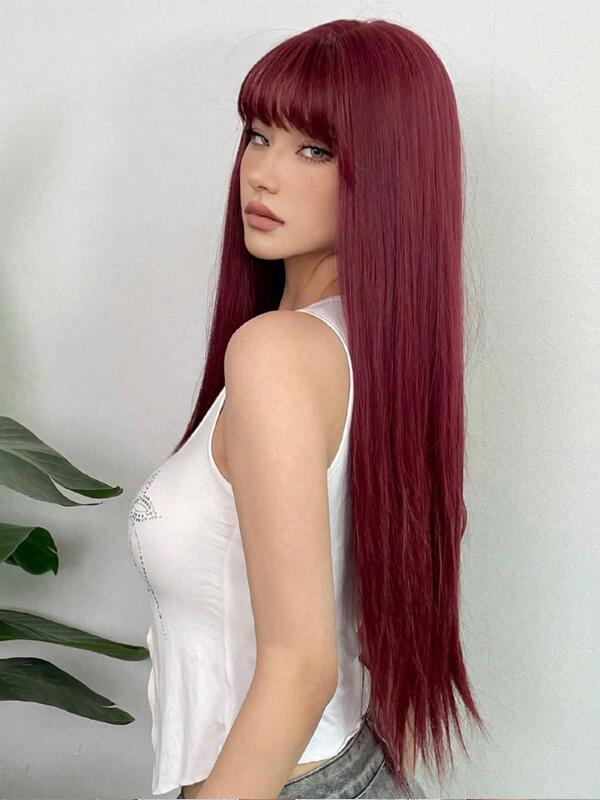 Parrucca Per Cosplay Di Feste Quotidiane Con Parrucche Di Capelli Umani Rosso Vino Lungo Dritto Con Frangia