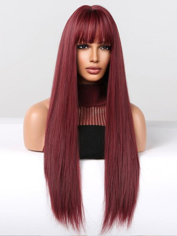 Parrucca Per Cosplay Di Feste Quotidiane Con Parrucche Di Capelli Umani Rosso Vino Lungo Dritto Con Frangia