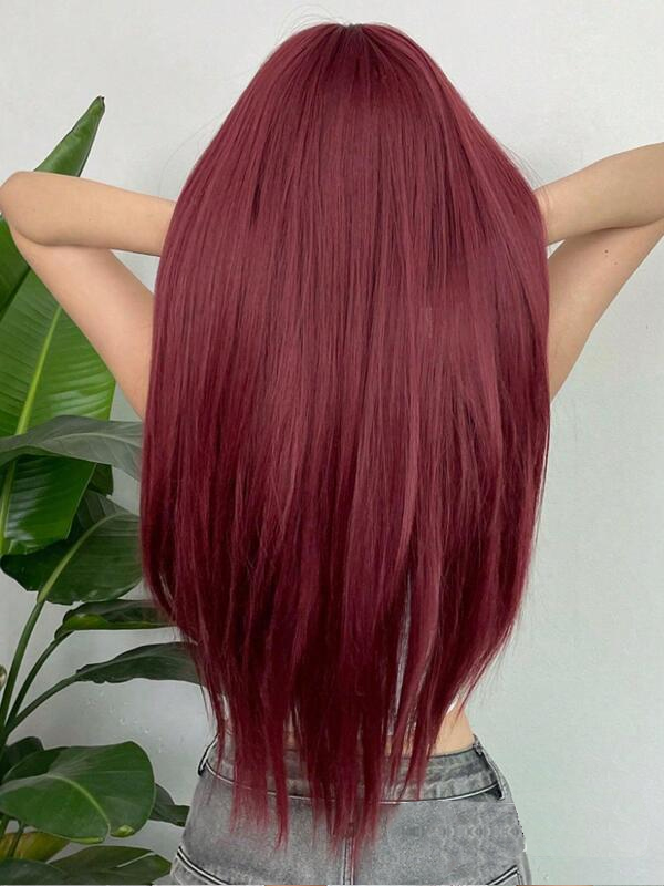 Parrucca Per Cosplay Di Feste Quotidiane Con Parrucche Di Capelli Umani Rosso Vino Lungo Dritto Con Frangia