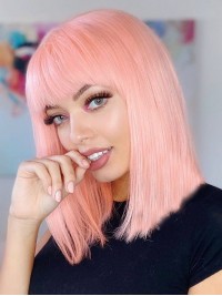 Parrucche Bob Davanti In Pizzo Dritto Con Frangia Parrucca Rosa Per Capelli Umani
