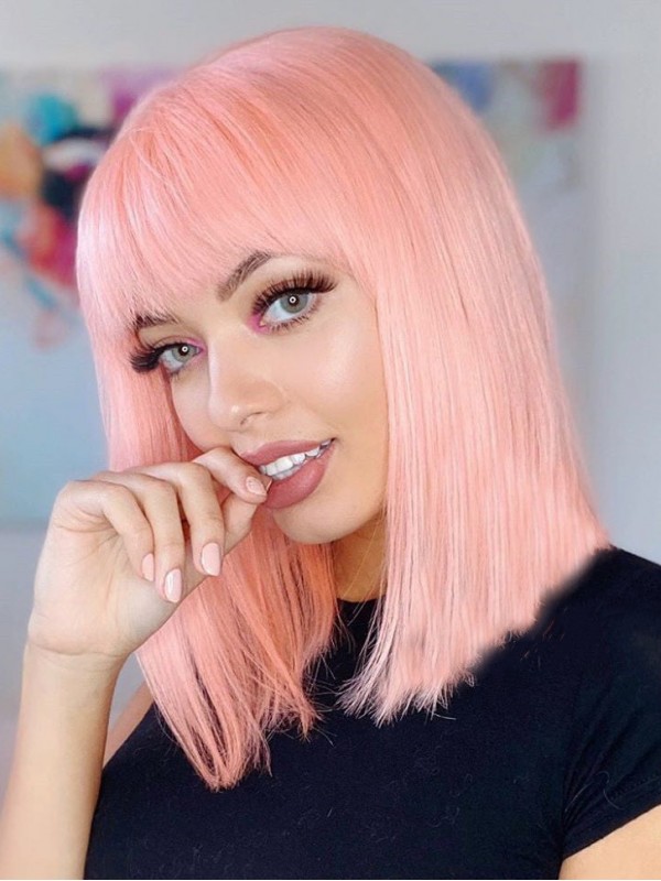 Parrucche Bob Davanti In Pizzo Dritto Con Frangia Parrucca Rosa Per Capelli Umani