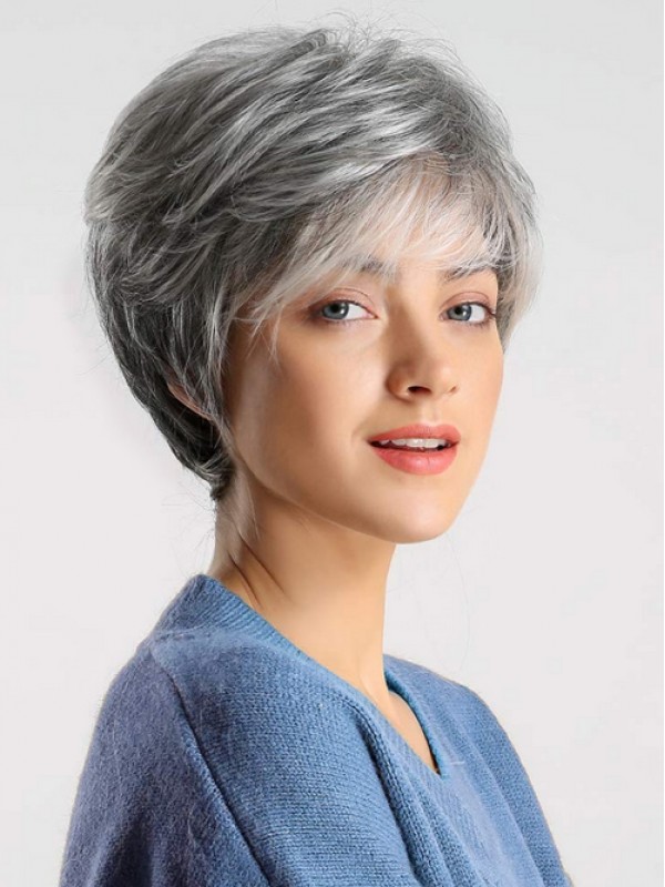 Parrucche Corte Di Capelli Umani Senza Cappuccio Grigie Con Frangia