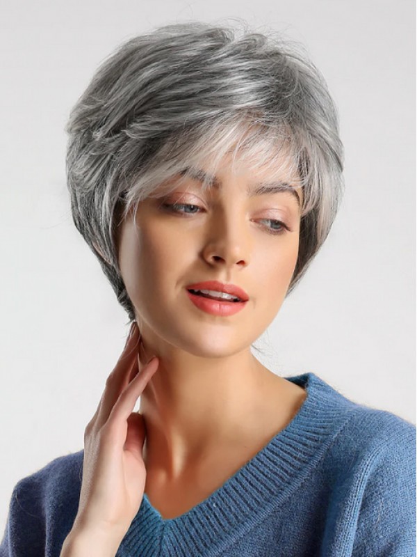 Parrucche Corte Di Capelli Umani Senza Cappuccio Grigie Con Frangia