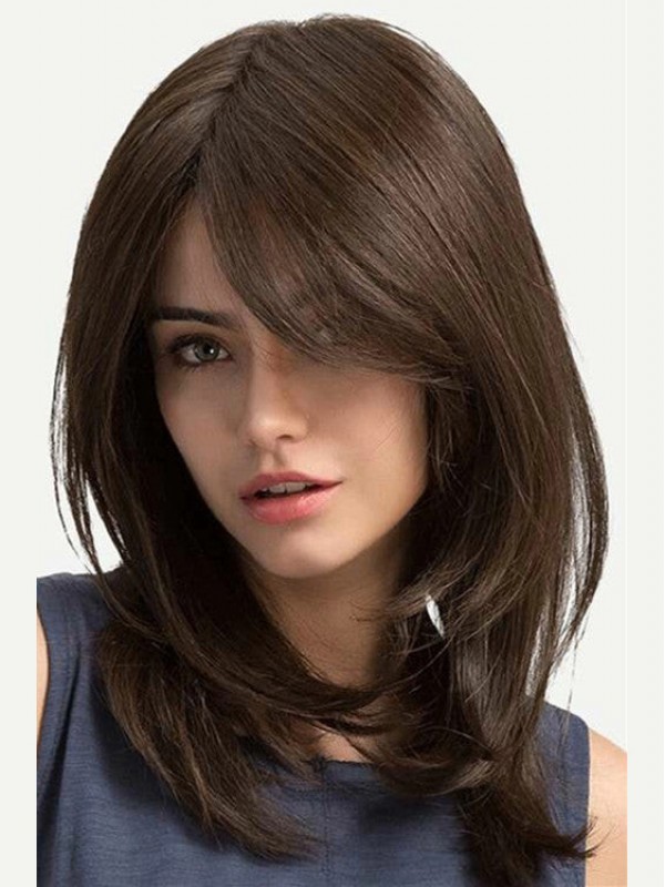 Parrucche Diritte Per Capelli Umani In Pizzo Pieno Da 16" Con Frangia