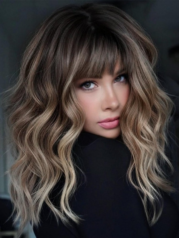 Parrucche Di Capelli Umani Remy Con Frangia Marrone Da 16"