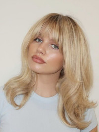 Parrucca Bionda Media Da 14" Senza Cappuccio Capelli Umani Remy Con Frangia Parrucche Lisce