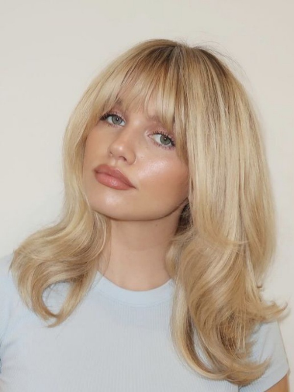 Parrucca Bionda Media Da 14" Senza Cappuccio Capelli Umani Remy Con Frangia Parrucche Lisce