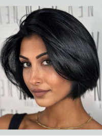 Parrucca Bob Nera Da 10" Con Pizzo Frontale Dritto E Capelli Umani Remy