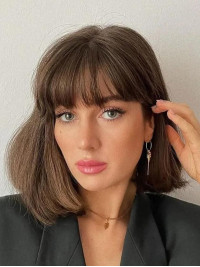 Parrucca Liscia Con Capelli Umani Remy Castana Da 14" Con Frangia Lunghezza Spalle
