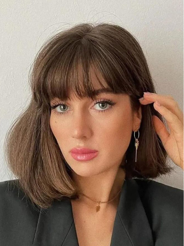 Parrucca Liscia Con Capelli Umani Remy Castana Da 14" Con Frangia Lunghezza Spalle
