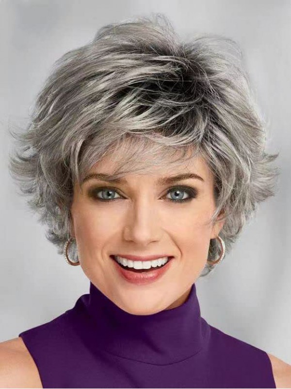 Parrucche Sintetiche Corte Pixie Cut Ombre Grey Con Frangia