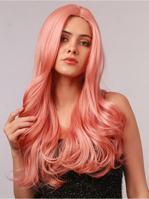 Parrucca Sintetica Senza Cappuccio Rosa Lunga Onda Del Corpo Da 20" Senza Frangia Per Cosplay Parrucca Di Halloween