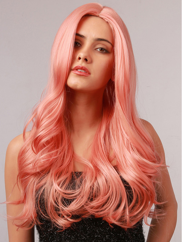 Parrucca Sintetica Senza Cappuccio Rosa Lunga Onda Del Corpo Da 20" Senza Frangia Per Cosplay Parrucca Di Halloween
