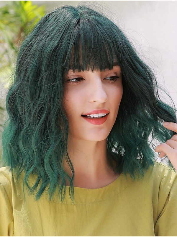 Parrucca Sintetica Verde Sfumato Da 14" Con Frangia Per Cosplay Di Halloween