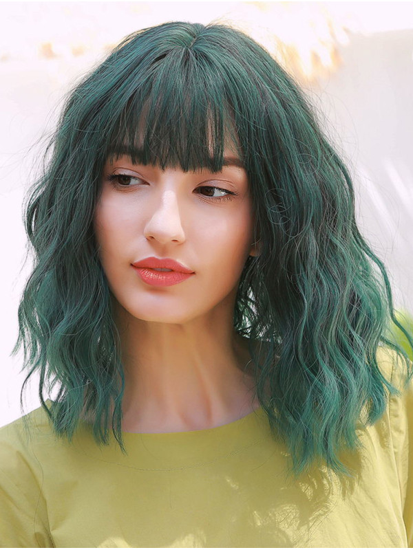 Parrucca Sintetica Verde Sfumato Da 14" Con Frangia Per Cosplay Di Halloween