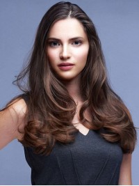 Parrucca Di Capelli Umani Da 20 "Lunga Ondulata Marrone Senza Frangia Vero