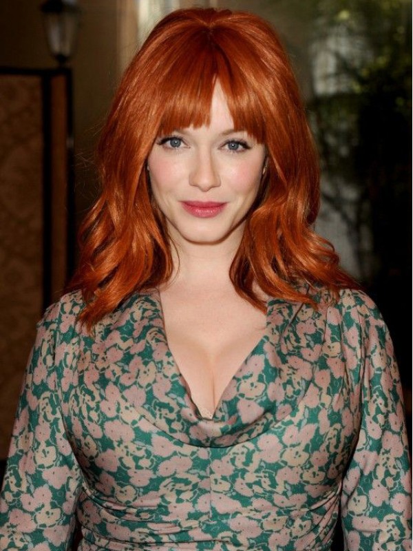 Ondulato Senza Cappuccio Con Frangia Lunghezza Spalle 16 "Bellissimi Capelli Umani Parrucche Christina Hendricks