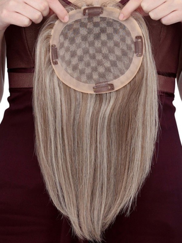 7"x6" Pezzo Superiore Mono Dei Capelli Umani Castani Biondi Soleggiati