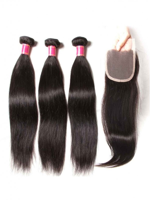 Tessuto Di Capelli Vergini Lisci 3 Pacchi Con Chiusura In Pizzo Capelli Umani Vergini Non Trasformati Morbidi