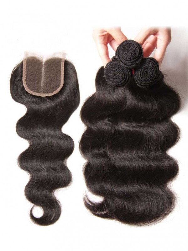 Capelli Vergini Dell'Onda Del Corpo Del Tessuto Dei Capelli Umani 3 Pacchi Con La Chiusura Frontale Del Pizzo