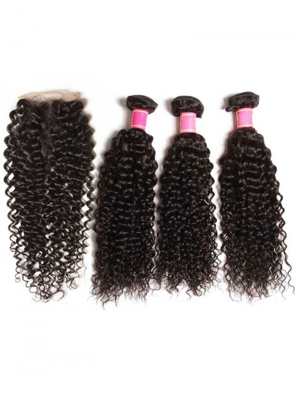 Capelli Vergini Ricci Intrecciano 3 Pacchi Con Chiusura In Pizzo 4X4 Estensioni Dei Capelli Umani Non Trasformati