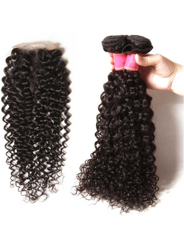 Capelli Vergini Ricci Intrecciano 3 Pacchi Con Chiusura In Pizzo 4X4 Estensioni Dei Capelli Umani Non Trasformati