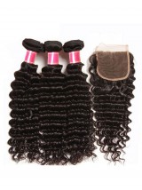 3 Pacchi Del Tessuto Dei Capelli Vergini Dell'Onda Profonda Con Capelli Umani Vergini Non Trasformati Morbidi Della Chiusura Del Pizzo