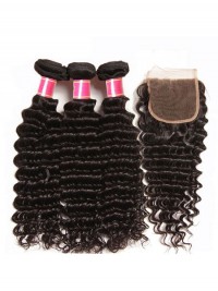 3 Pacchi Del Tessuto Dei Capelli Vergini Dell'Onda Profonda Con Capelli Umani Vergini Non Trasformati Morbidi Della Chiusura Del Pizzo