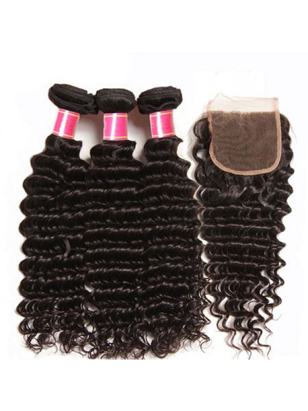 3 Pacchi Del Tessuto Dei Capelli Vergini Dell'Onda Profonda Con Capelli Umani Vergini Non Trasformati Morbidi Della Chiusura Del Pizzo