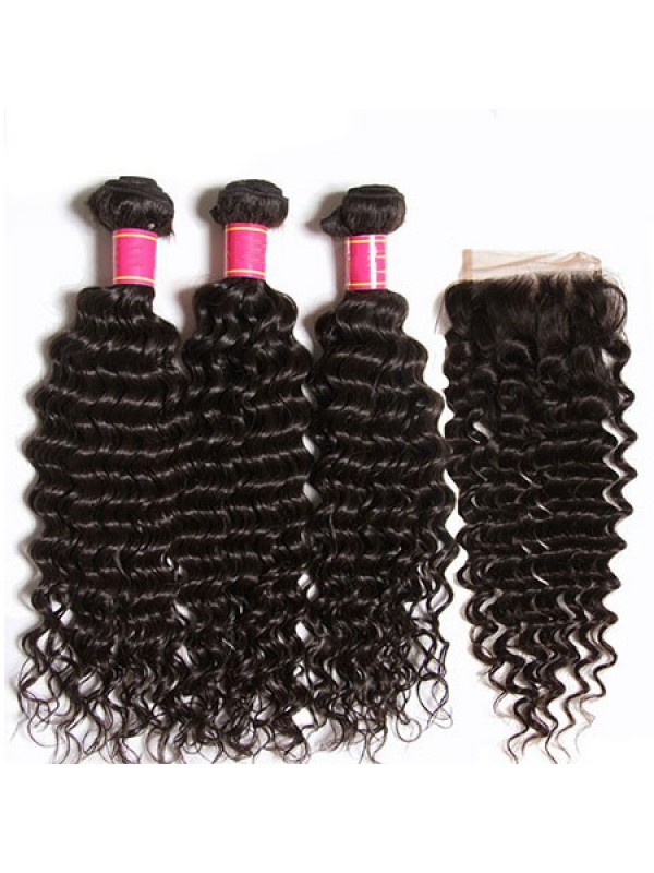3 Pacchi Del Tessuto Dei Capelli Vergini Dell'Onda Profonda Con Capelli Umani Vergini Non Trasformati Morbidi Della Chiusura Del Pizzo