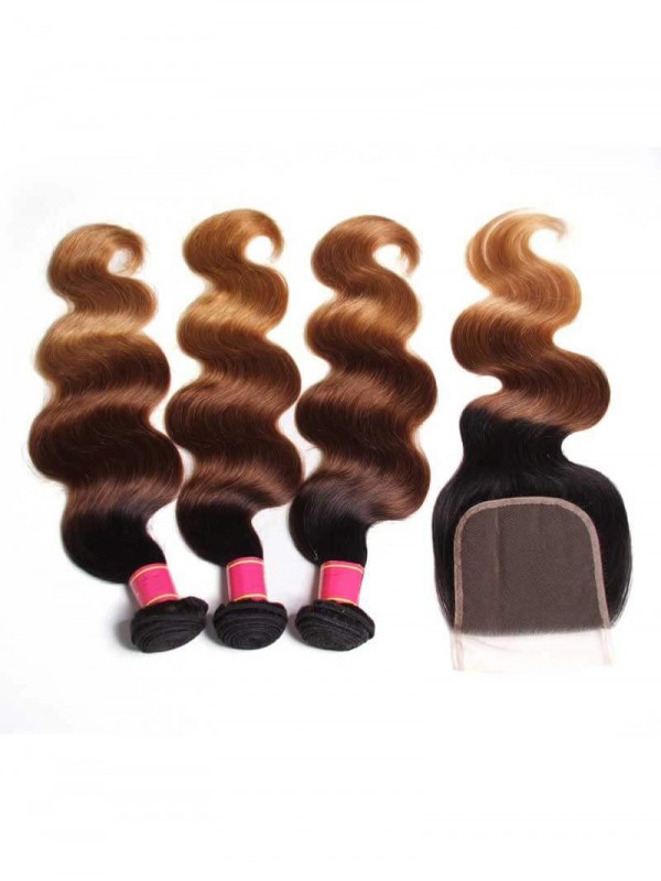 Capelli T1B/4/27 Ombre 3 Fasci Onda Del Corpo Con Chiusura 100% Capelli Umani Vergini